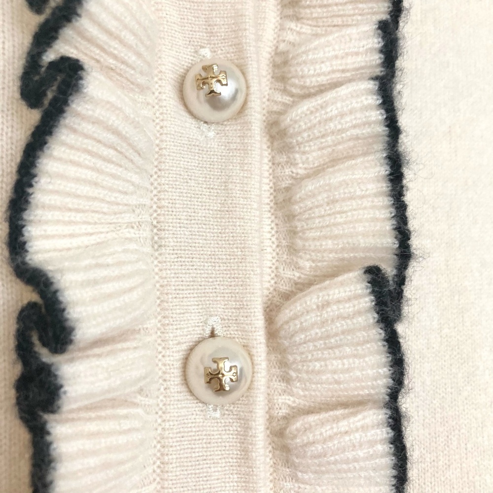 TORY BURCH Emily Cashmere Pullover Sweater Ruffle Pearl Buttons - Picture 4 of 10